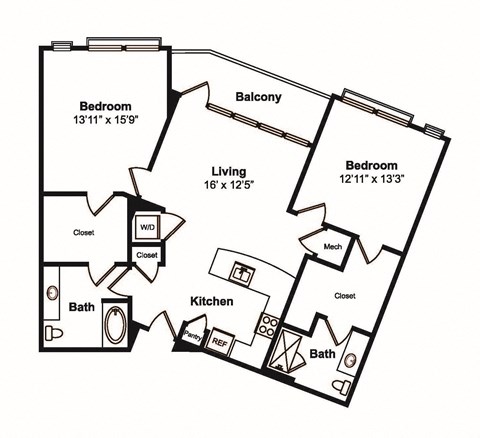 Floor plan for 2 beds, 2 baths, 1277 sqft
